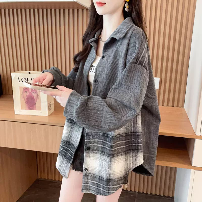 开衫外套女春秋冬薄款格子衬衫2024新款大码女装宽松胖mm上衣批发