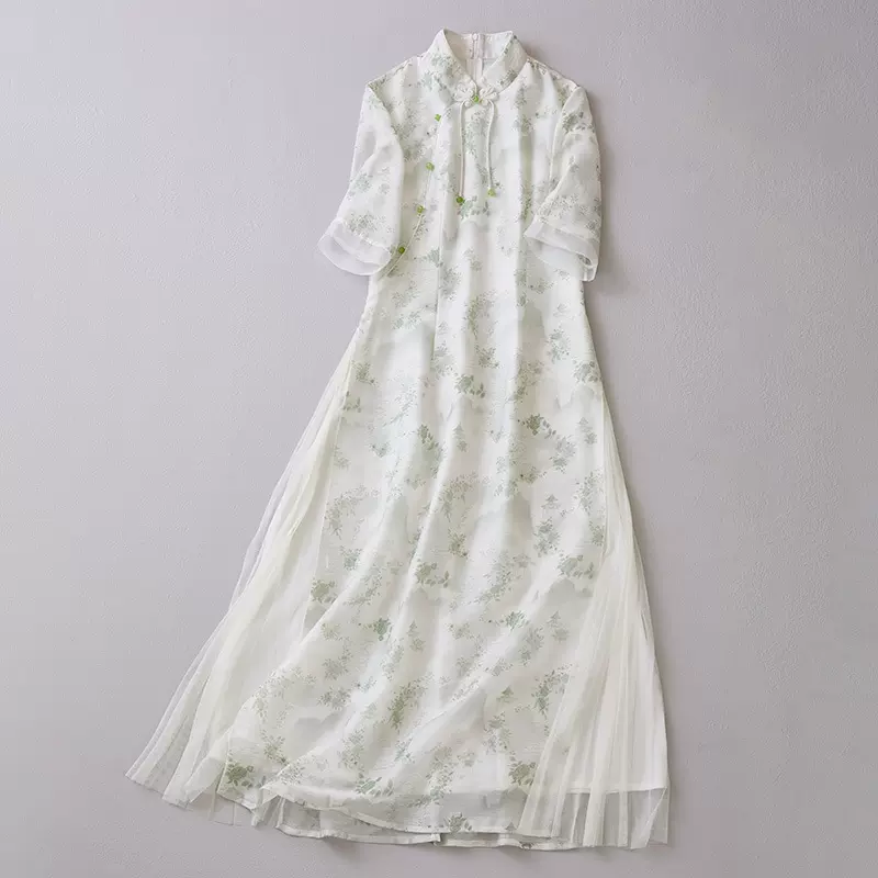 婵茶赋新中式女装立领茶服长款奥黛旗袍高开叉夏季短袖薄款连衣裙