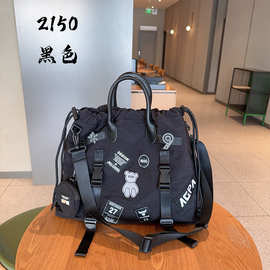 时尚女包新款尼龙简约布贴手提包大容量抽绳斜挎包百搭潮流通勤包