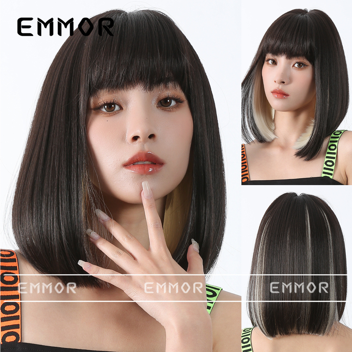 Peluca de color para mujer cabello corto verano Lolita Cabeza de onda diaria que reduce la edad Bangs recto mullido cubierta de cabeza completa natural