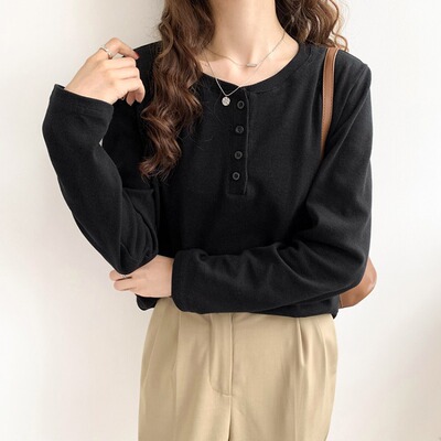 实拍2021秋季新款白色长袖t恤女设计感打底衫设计感内搭圆领上衣|ms