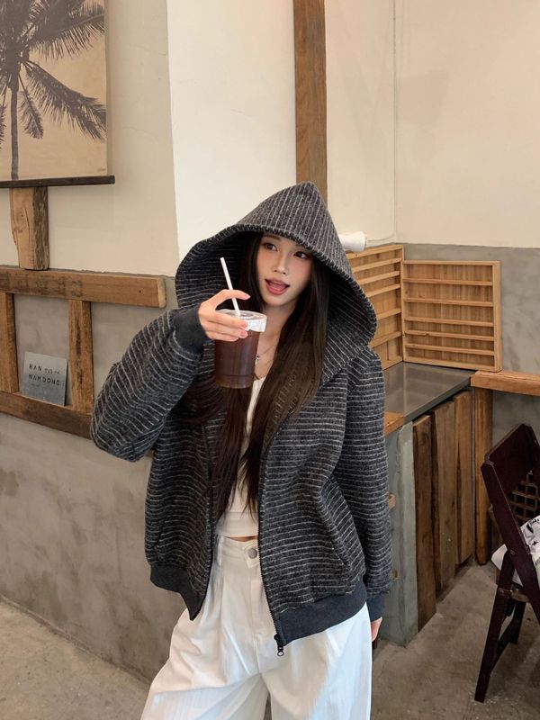 【自家工厂现货】条纹拉链连帽卫衣外套女美式复古宽松慵懒上衣|undefined