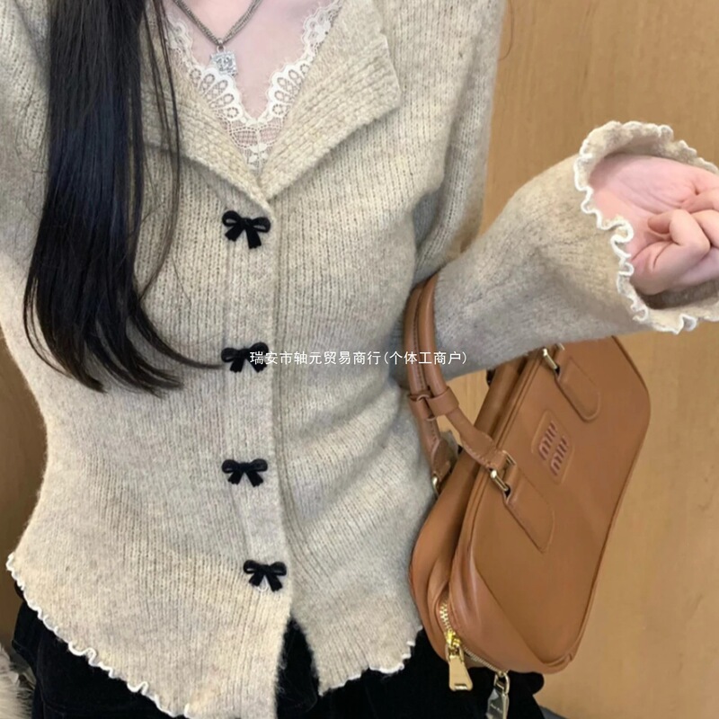 Elegant outerwear sweater with a small lapel, knitted cardigan for women, featuring a bow tie button, ruffled trim, a fitted waist, slimming effect, and a soft, comfortable feel Elegant outerwear sweater with a small lapel, knitted cardigan for women, featuring a bow tie button, ruffled trim, a fitted waist, slimming effect, and a soft, comfortable feel