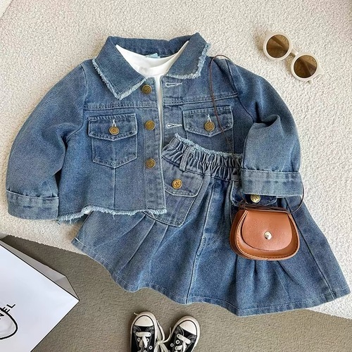 2024 New Kids' Retro Collar Long-Sleeve Denim Jacket and Plicated Skirt Set for Boys and Girls, Fashionable and Trendy