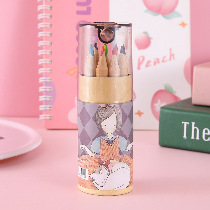 Coreana encantadora flotante 12 lápiz de color dibujos animados barril de dibujo de estudiantes de arte lápiz con cuchillo de lápiz