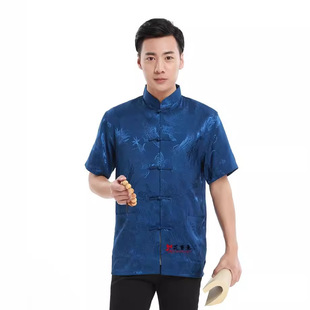 Men's Tang Suit Short-Sleeved Tops Youth Summer Shirts Chinese Style Work Clothes Chinese Style Buttoned Full Dragon Short-Sleeved Tops