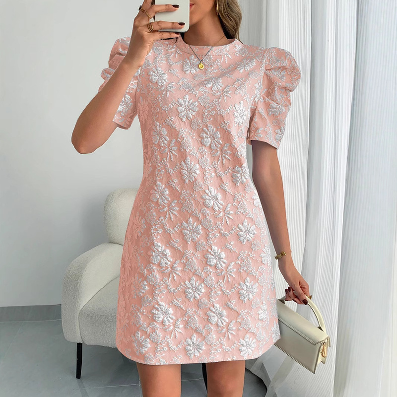 European and American Cross-Border 2026 Summer New Women's Puff Sleeve Textured Jacquard Round Neck Retro Style Dress in Stock