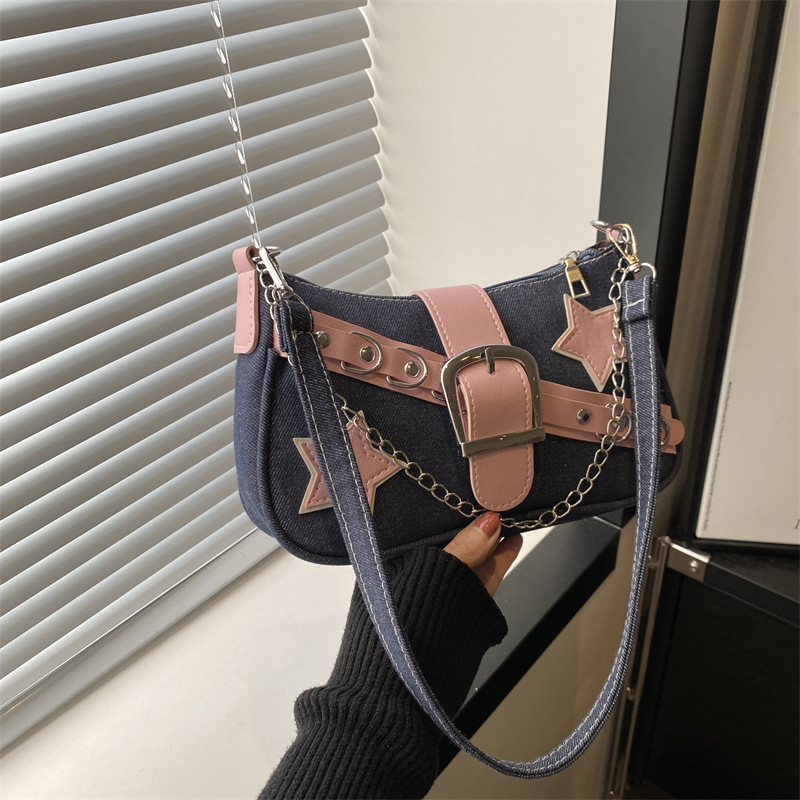 Cross-Border Trendy and Stylish Hot Girl 2026 New Star Design Casual Denim Chain Handbag Shoulder Bag Underarm Bag Cross-Border Trendy and Stylish Hot Girl 2026 New Star Design Casual Denim Chain Handbag Shoulder Bag Underarm Bag