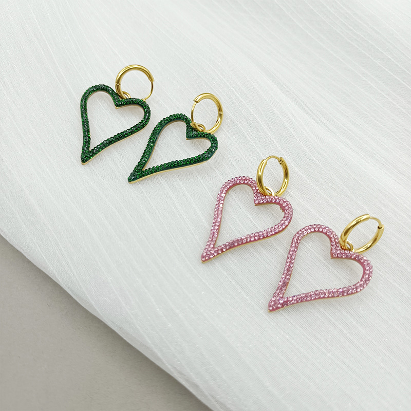 Fashion Heart Shape Stainless Steel Hollow Out Zircon Drop Earrings 1 Pair