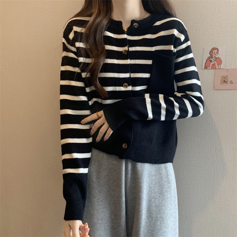 여성용 게으른 스타일 레트로 스웨터 코트 여성용 게으른 스타일 슬리밍 벨리 커버 스트라이프 긴 소매 스웨터
