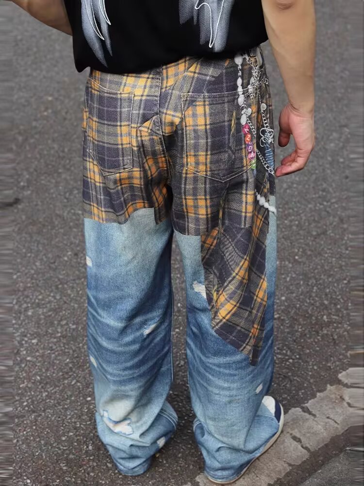 Herren Jeans Im Retro Patchwork Design Mit Geradem Beinverlauf_voghion.com