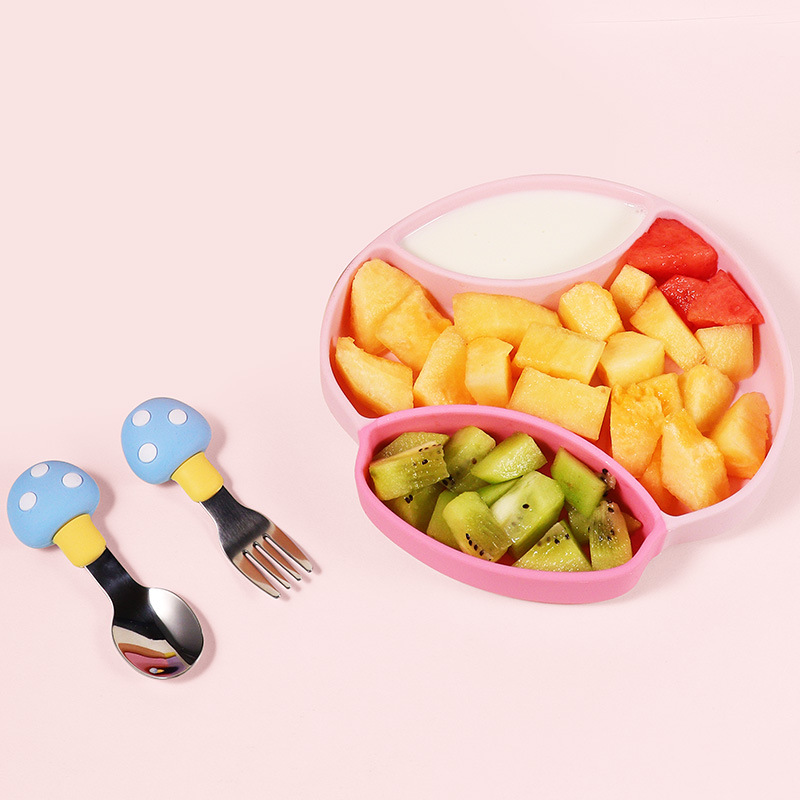 (New Product Direct) Two-color mushroom silicone dinner plate fork spoon Infant and child integrated food supplement bowl suction cup bowl