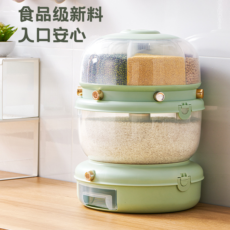Kitchen multi-layer large-capacity rice bin with 360-degree rotation, moisture and pest-proof, airtight grain jar