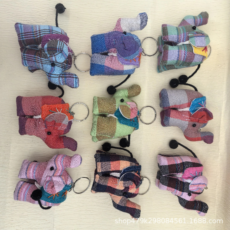Thai handmade fabric keychain pendant with cute elephant design, plaid fabric creative bag charm, travel souvenir.