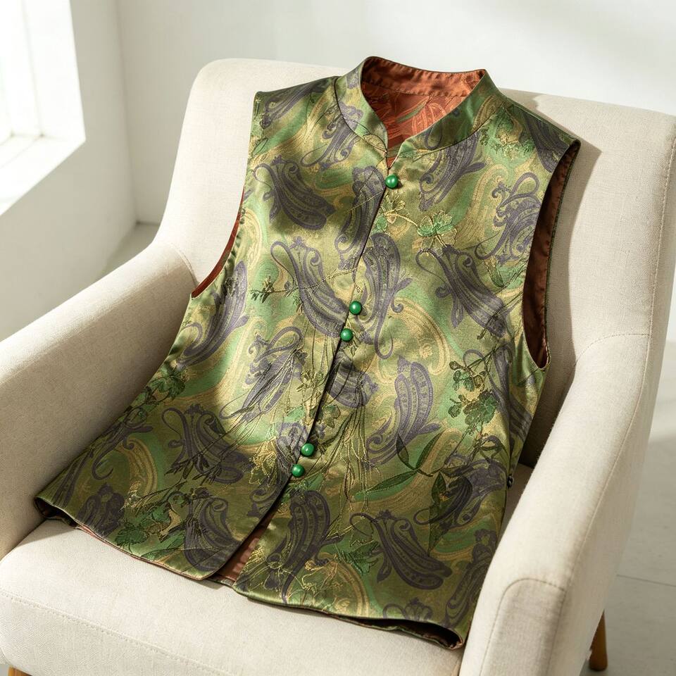 Áo gile không tay dệt jacquard họa tiết nổi, dáng rộng, mặc được hai mặt, dài áo 50–65 cm — Lá phong thu + lá vàng thu, mặc được hai mặt, Lá phong đỏ + lá phong thu, mặc được hai mặt, Lá vàng mùa thu + lá phong đỏ, mặc được hai mặt, Đỏ rực + Xanh ô liu, mặc được hai mặt