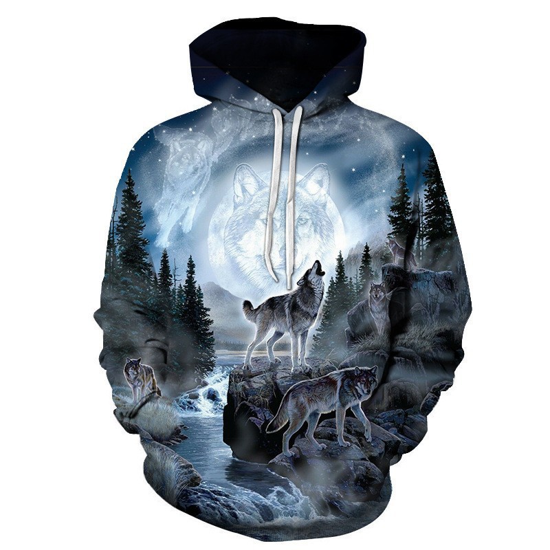Pullover con personalità da uomo con stampa lupo per felpa con cappuccio 3D da baseball per coppie_voghion.com