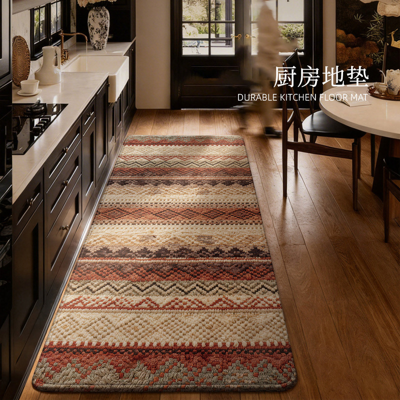 American retro-style kitchen floor mat, stain-resistant, wear-resistant, non-slip, water and oil absorbent, long anti-fall mat for home use