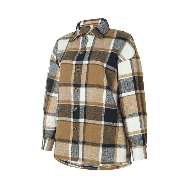 Women Lapel Collar Plaid Long-sleeved Shirt Jacket SW090029