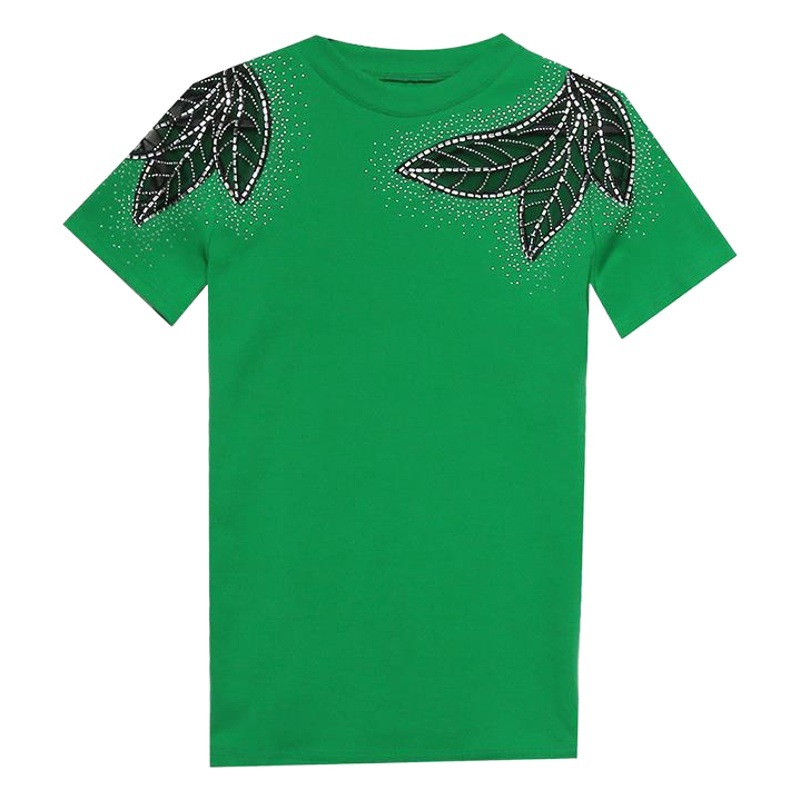Camiseta de mujer de manga corta con cuello redondo, diseño hueco de encaje y pedrería, ajustada y adelgazante, nueva colección primavera-verano europea transfronteriza, al por mayor. image 1