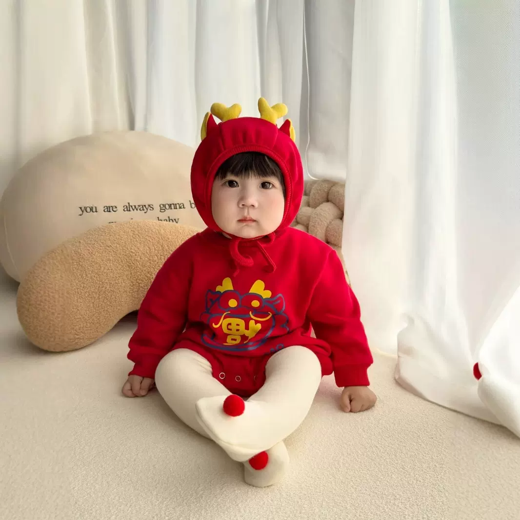 25秋冬款婴儿拜年服ins风国潮新年款儿童哈衣宝宝春节礼服套装