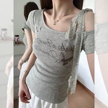 2025夏季新款斜领露肩蕾丝飘带短袖修身显瘦百搭t恤字母印花上衣