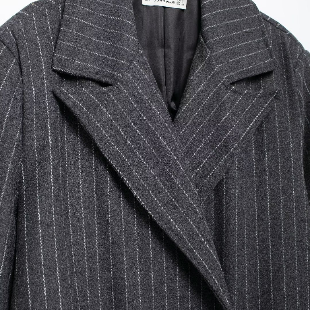 Women's clothing 2024 autumn/winter new style temperament suit collar striped woolen long jacket_voghion.com