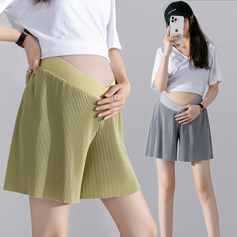 2025 Summer Maternity Fashion Low Waist Pregnant Women Shorts Outer Wear Chiffon Pleated Pants Thin Loose Wide Leg Pants