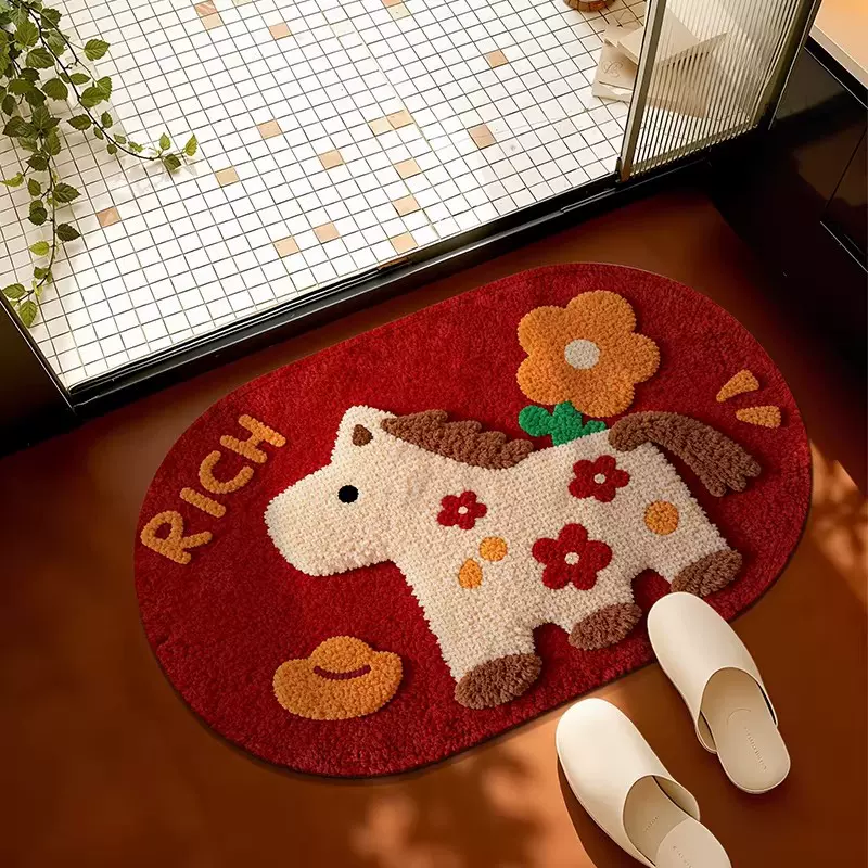 2026新款仿亚麻浴室地垫吸水速干家用卫生间防滑脚垫红色小马地毯