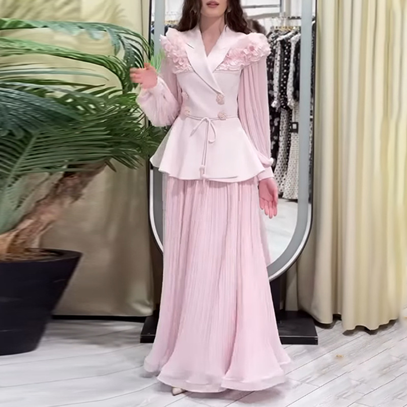 Elegantes Blusen-Set mit floralem Spitzenbesatz und hochgeschnittenem Rock – Langarm-Rüschendetails für Damen_voghion.com