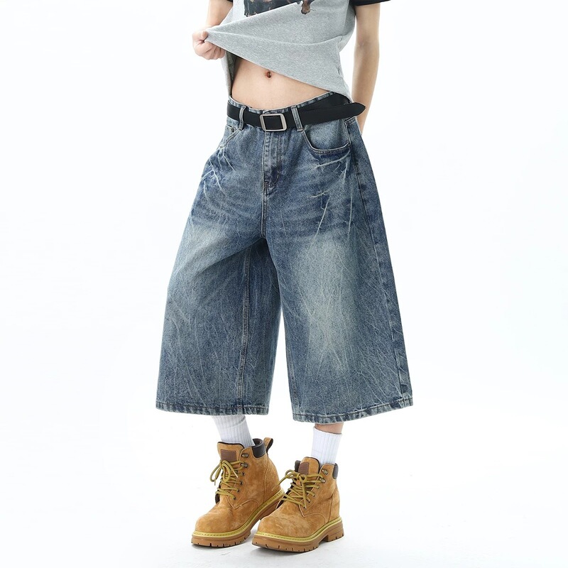American-Style Washed Lightning-Pattern Denim Shorts for Women and Men, Summer Loose Straight-Leg Cropped Pants, High Street Cool Casual Pants