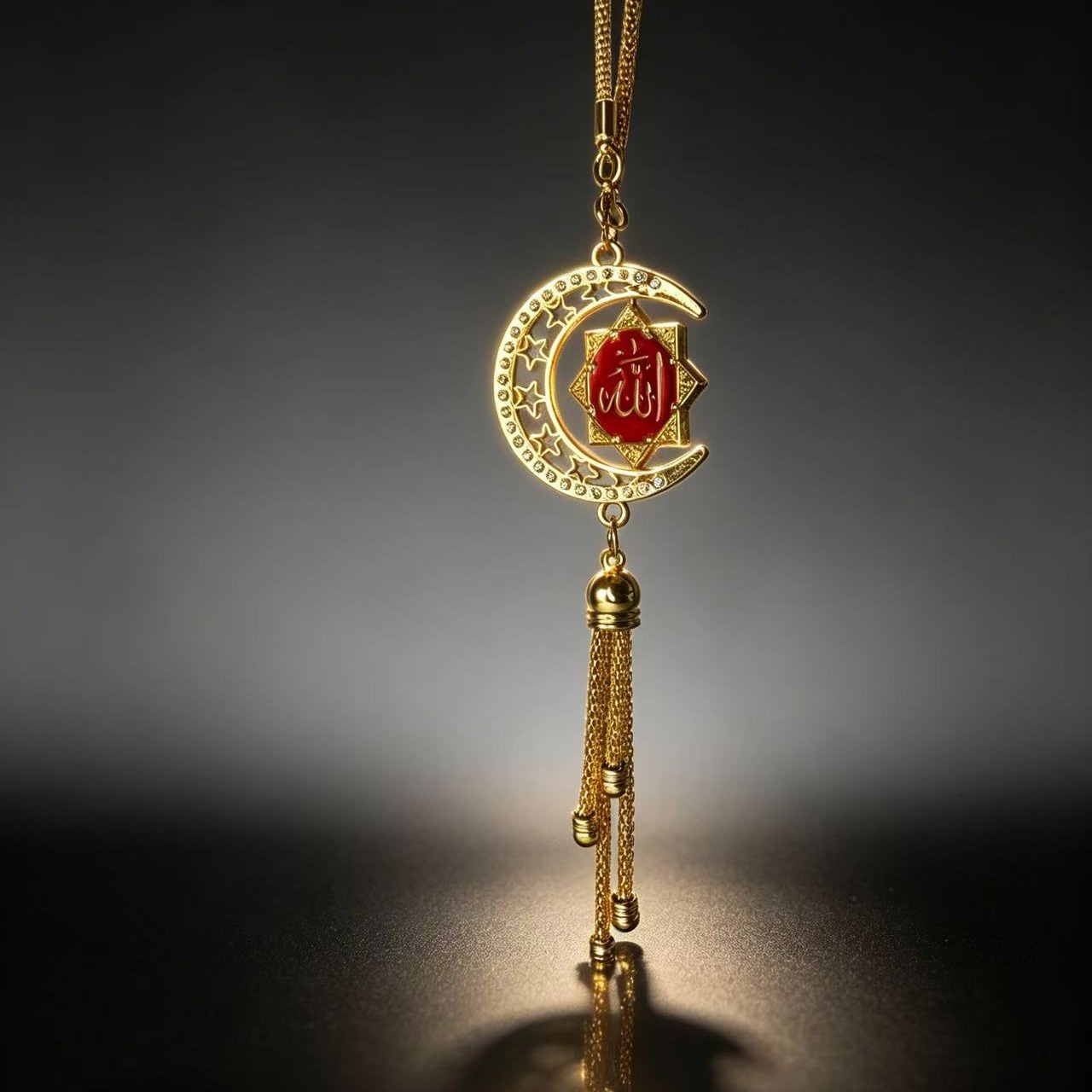 Golden Star and Moon Enamel Car Pendant, 3D Scripture Car Hanging Ornament, Diamond-Encrusted Rearview Mirror Tassel Decoration, Cross-Border Wholesale