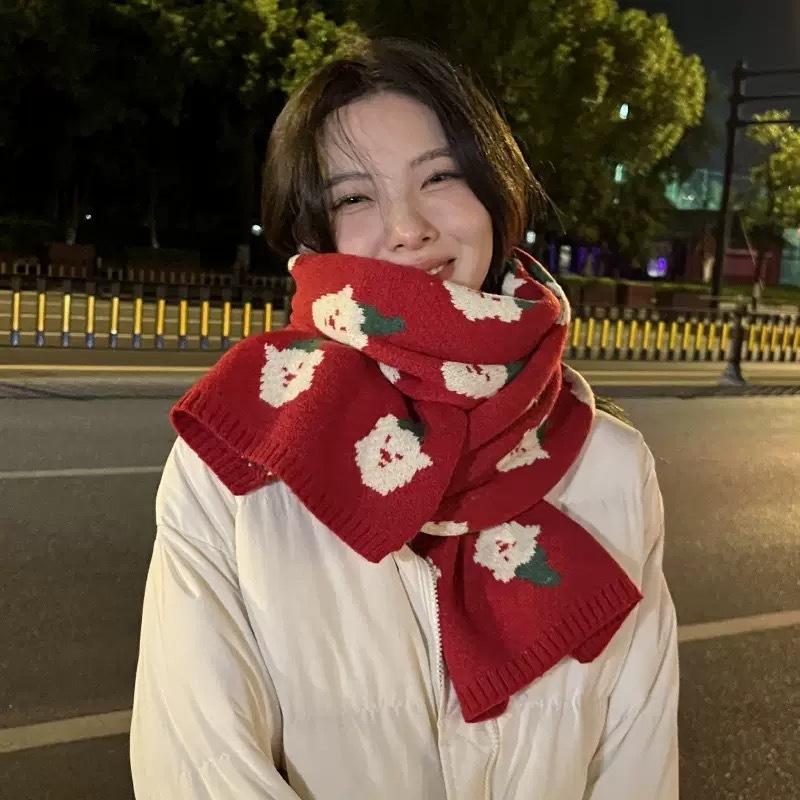 中国红本命年女士围巾红色百搭圣诞冬款针织新年新款红运圣诞限定|undefined