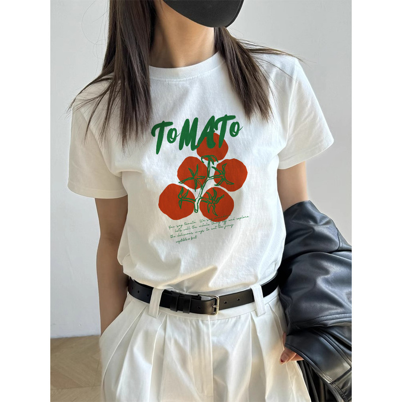 Korean Style Commuter Straight-Shoulder T-Shirt for Women, Heavyweight Pure Cotton, Plus-Size Loose Top, 2026 Summer Niche Print Short-Sleeve Trendy