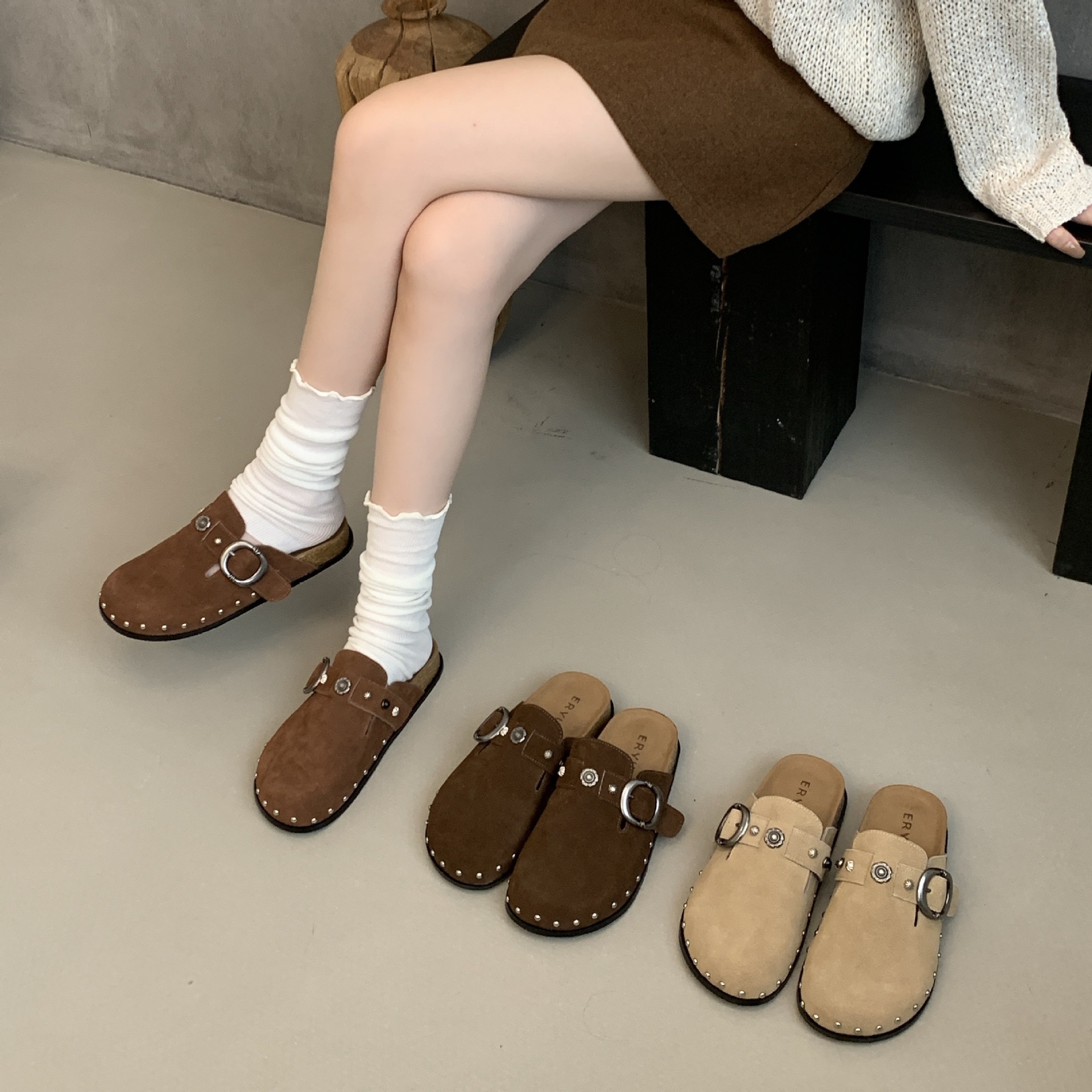 牛皮版- 厚底3cm复古鞋2025秋冬新款懒人一脚蹬包拖