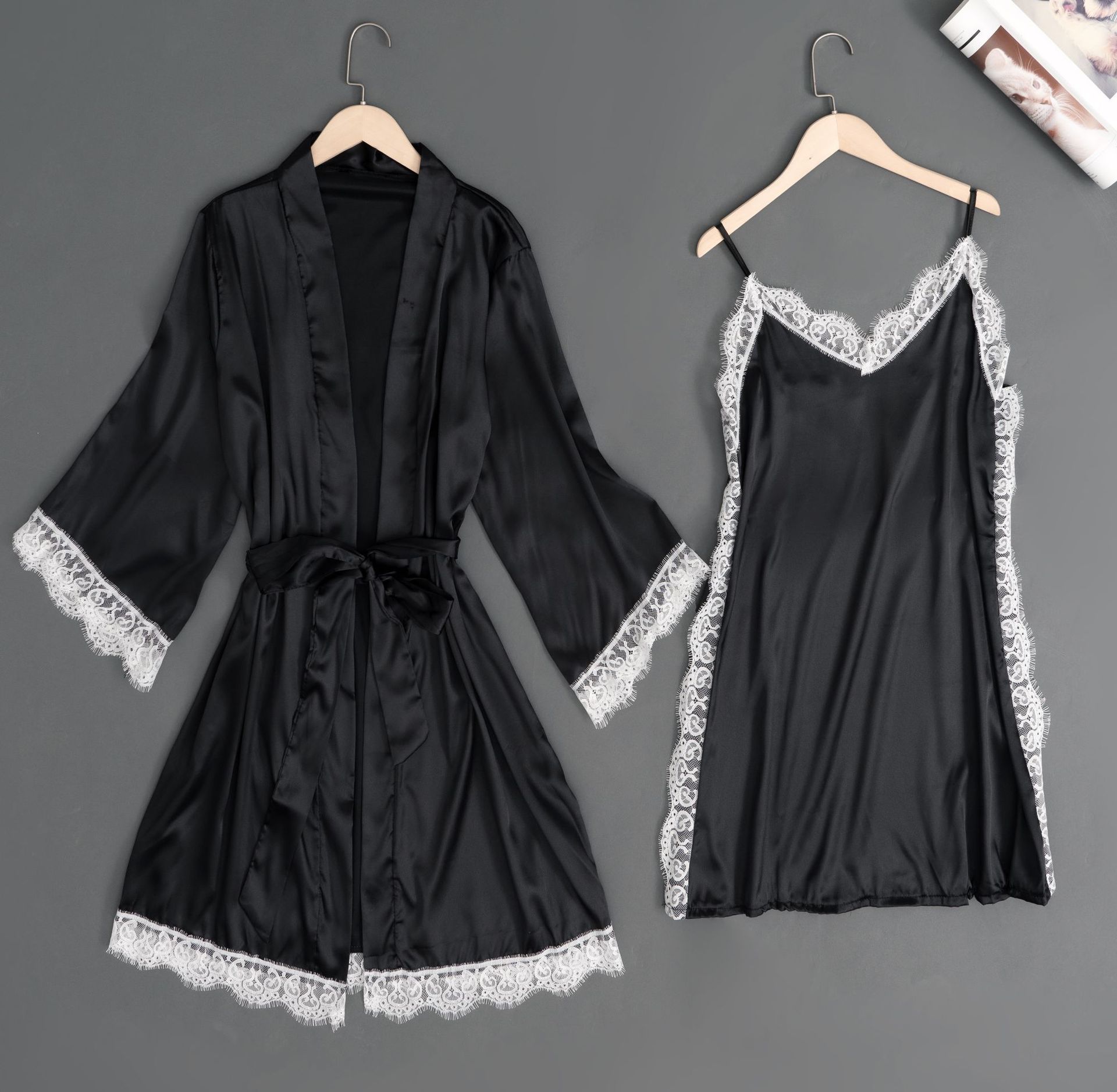 GraceChic GraceChic New Satin Stretch Colorful European American Women's Pajamas Cardigan Lace-Up Robe And Pants Set Solid Color Home Wear_voghion.com