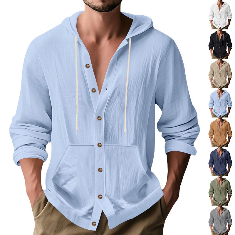 Cross-Border Amazon Spring and Autumn American Loose Men's Loose Linen Casual Simple Beach Hooded Long Sleeve Shirt for Men