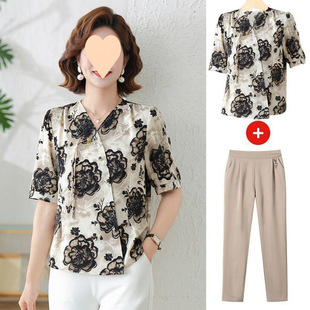 2025 Spring and Summer New Style Shirt Suit Elegant 50-60 Year Old Women Loose Chiffon Mom Summer Tops Middle-Aged and Elderly