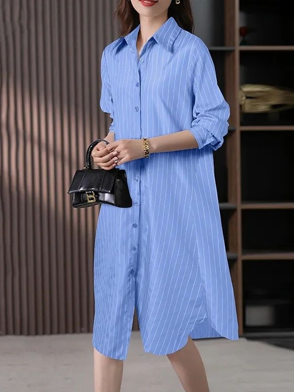 Spring/Summer Striped Long-Sleeved Shirt for Women, Loose Fit, Shorter Front and Longer Back, Slimming, Elegant Shirt Top, Casual Shirt  11381