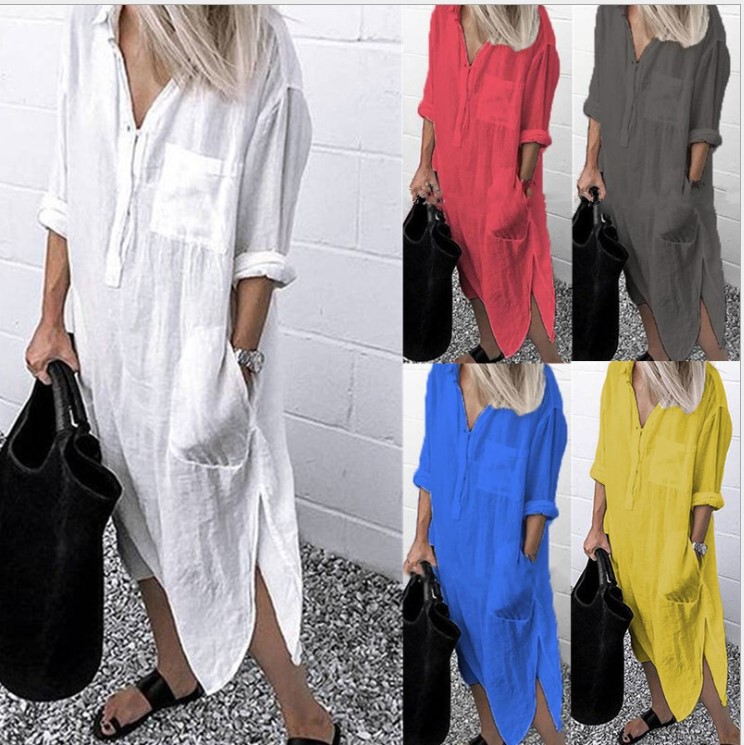 Cross-Border Hot Style 2022 Summer and Autumn Elegant Pure Color Slit Dress Simple Buttoned Long Shirt Dress in Stock
