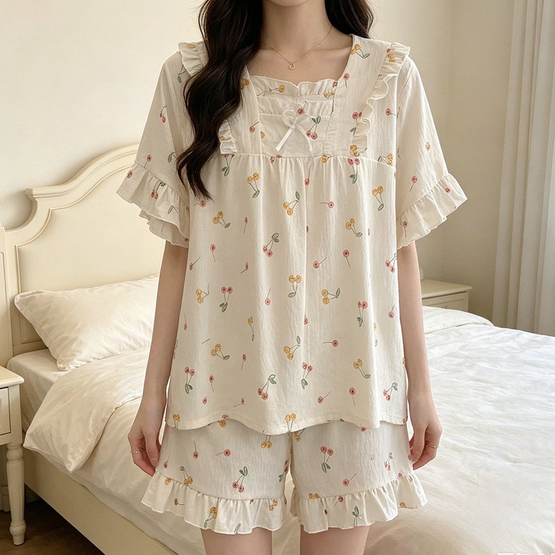 Summer Cloud Cotton Pajamas Short-Sleeved Shorts Set for Women, Fresh and Printed, Palace-Style Student Home Wear, Can Be Worn Outside Summer Cloud Cotton Pajamas Short-Sleeved Shorts Set for Women, Fresh and Printed, Palace-Style Student Home Wear, Can Be Worn Outside