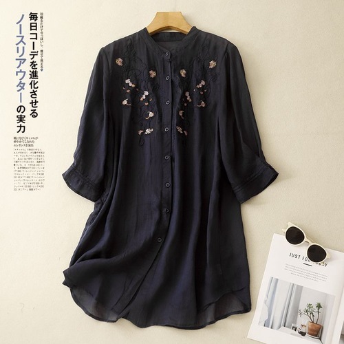 Embroidery Shirt Women's Summer New Fashion Medium Length Loose Seven-Sleeve New Chinese Top 