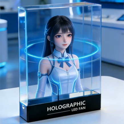 2026 nueva pantalla de ventilador holográfico 3D caja de escritorio holográfico AI animación robot muestra pantalla transparente fábrica de fuente