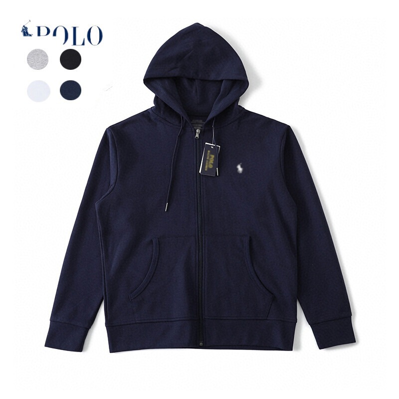 Cross-Border Foreign Trade Cotton Ralph Lauren Sweatshirt for Men with Embroidered Pony Logo, Casual Simple Hooded Zip-Up Jacket