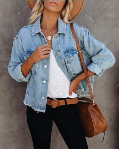 2021 Women's Denim Jacket Amazon European and American Washed Raw Edge Short Loose Casual Denim Jacket 2021 Women's Denim Jacket Amazon European and American Washed Raw Edge Short Loose Casual Denim Jacket