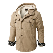美码男士外贸大码加绒加厚连帽纯色衬衫羊羔绒夹克冬季棉上衣外套
