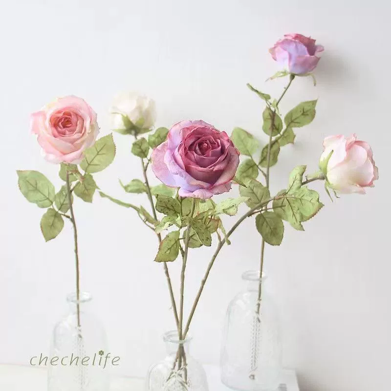 [ vintage rubber edge rose artificial flower high living room dining table decor fake flower TV cabinet display photo prop ]
