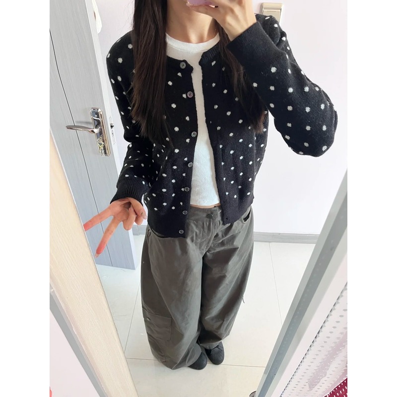 气质撞色波点针织开衫女春秋季小众慵懒风高级感毛衣纽扣外套上衣|undefined