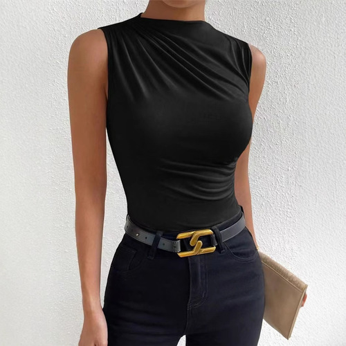 Cross-border European and American Women's 2024 Spring and Summer New Fashion Matcha Pure Color Pleated Sleeveless Hooded Half-Neck T-shirt