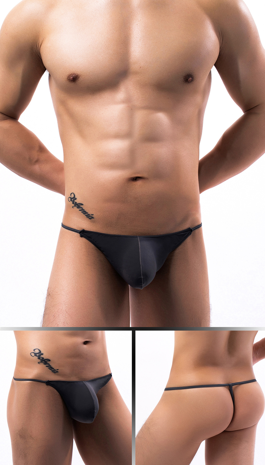 Ropa interior masculina de cintura baja, fresca y sexy, de seda helada, con anillo JJ, tanga multiusos con forma de U convexa, E068