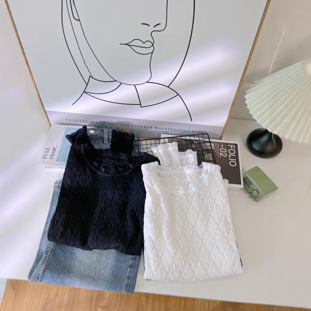 白色蕾丝打底衫女装内搭早秋新款圆领长袖T恤设计感针织上衣6352